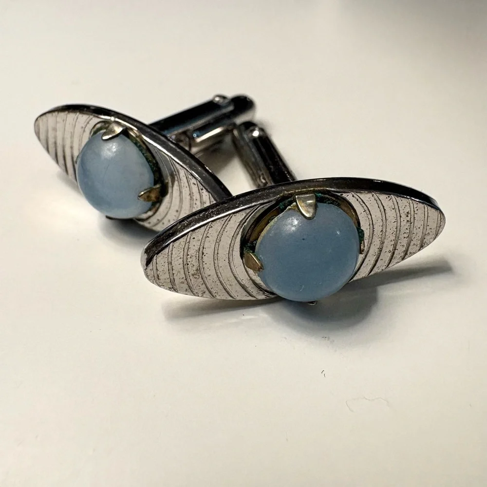 Vintage Swank Blue Stone Cufflinks Silver Tone Mid Century
